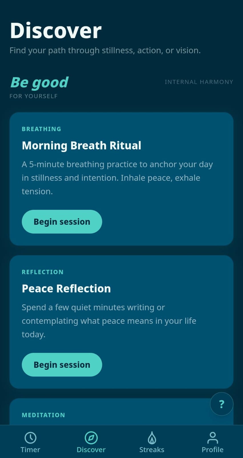 PeaceRise app Discover screen