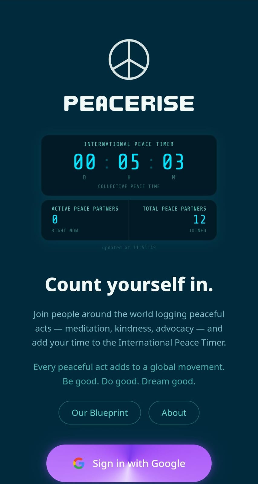 PeaceRise app home screen