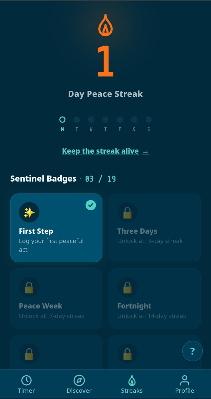 PeaceRise app Streaks and Badges